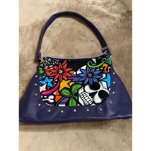 Handmade Purple Studded Skull Graffiti Graphic Shoulder Bag Hobo Purse